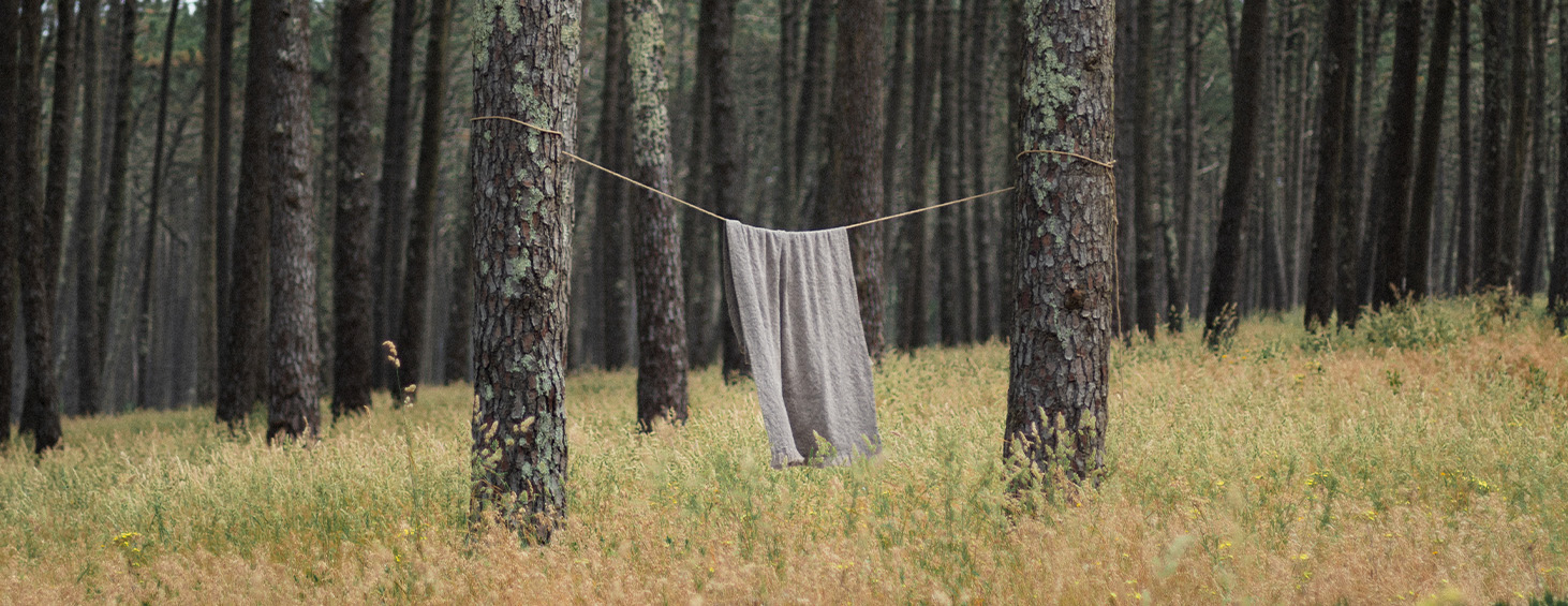 Manta gris colgada de una cuerda entre los árboles de un bosque de pinos, representando colchas y mantas para dormitorios acogedores de Cama em Ponto.